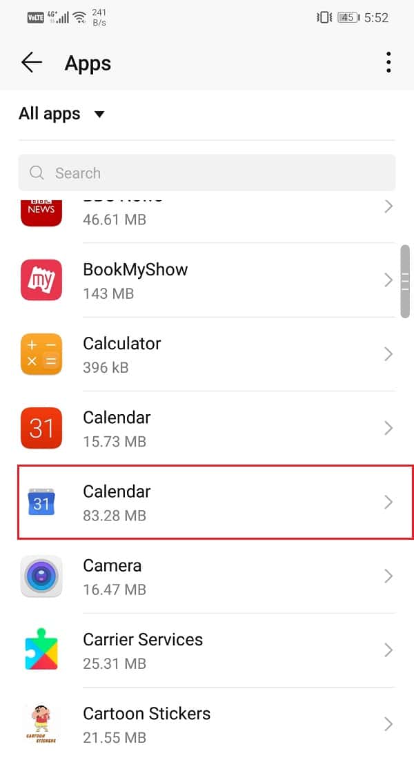 From the list of apps, search for Google Calendar and tap on it
