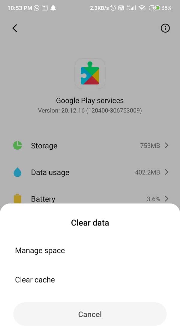 From the list of options, including a “Clear cache” button, select it | Fix Google Play Services Battery Drain