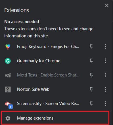 From the options, click on manage extensions