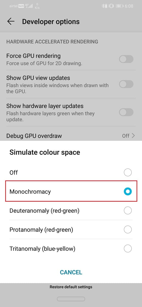 From the options select Monochromacy | Enable Grayscale Mode on Android