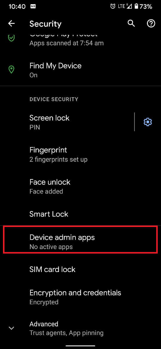 From the ‘Security’ panel, tap on ‘Device admin apps.’