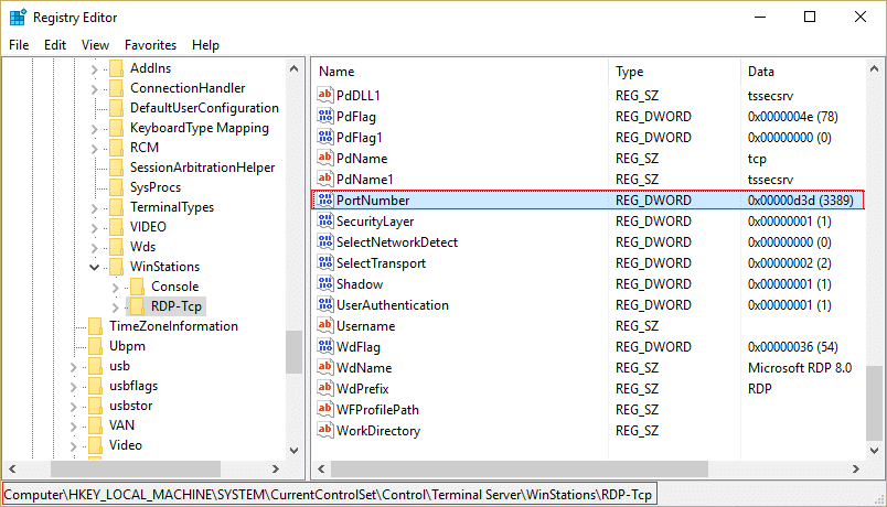 Go to RDP tcp then select Port Number in order to change the listening port for Remote Desktop