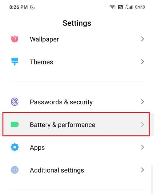 Go to Settings and then tap on ‘Battery & Performance’ | Fix Google Play Services Battery Drain
