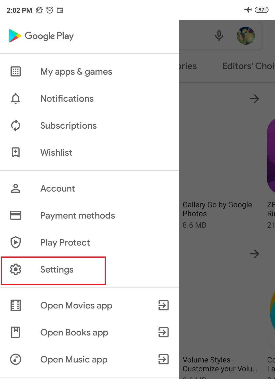 Go to Settings. in google play store