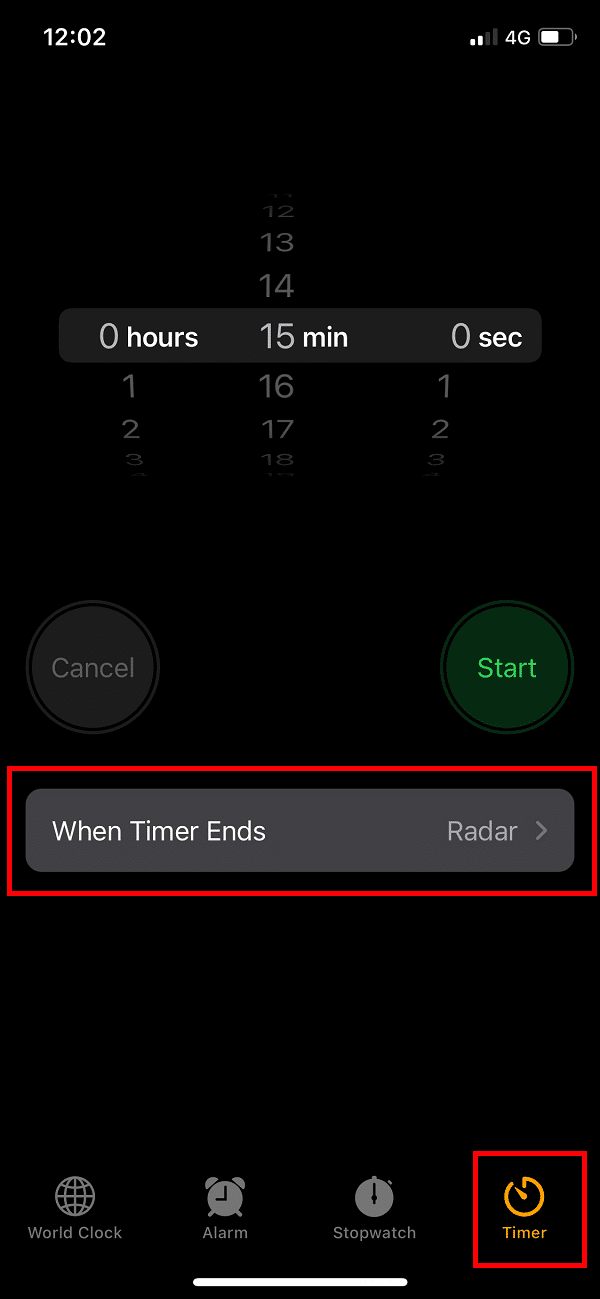 Go to the Clock application and select the Timer tab then tap on When Timer Ends