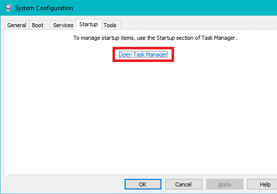 Go to the Startup tab, and click the link “Open Task Manager”