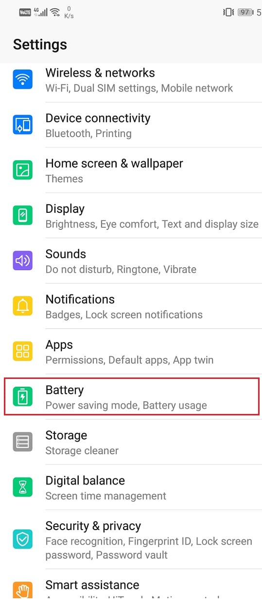 Go to the settings menu and locate the ‘battery’ section