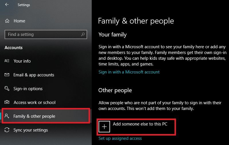 Go to “Family & other people” and click on Add someone else to this PC