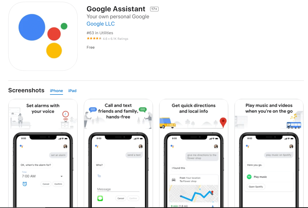 Página da loja da Apple do aplicativo iOS do Google Assistente