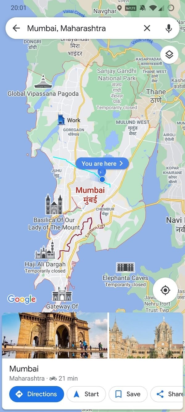 Google Maps highlights the city name and slides in an information card at the bottom of the screen