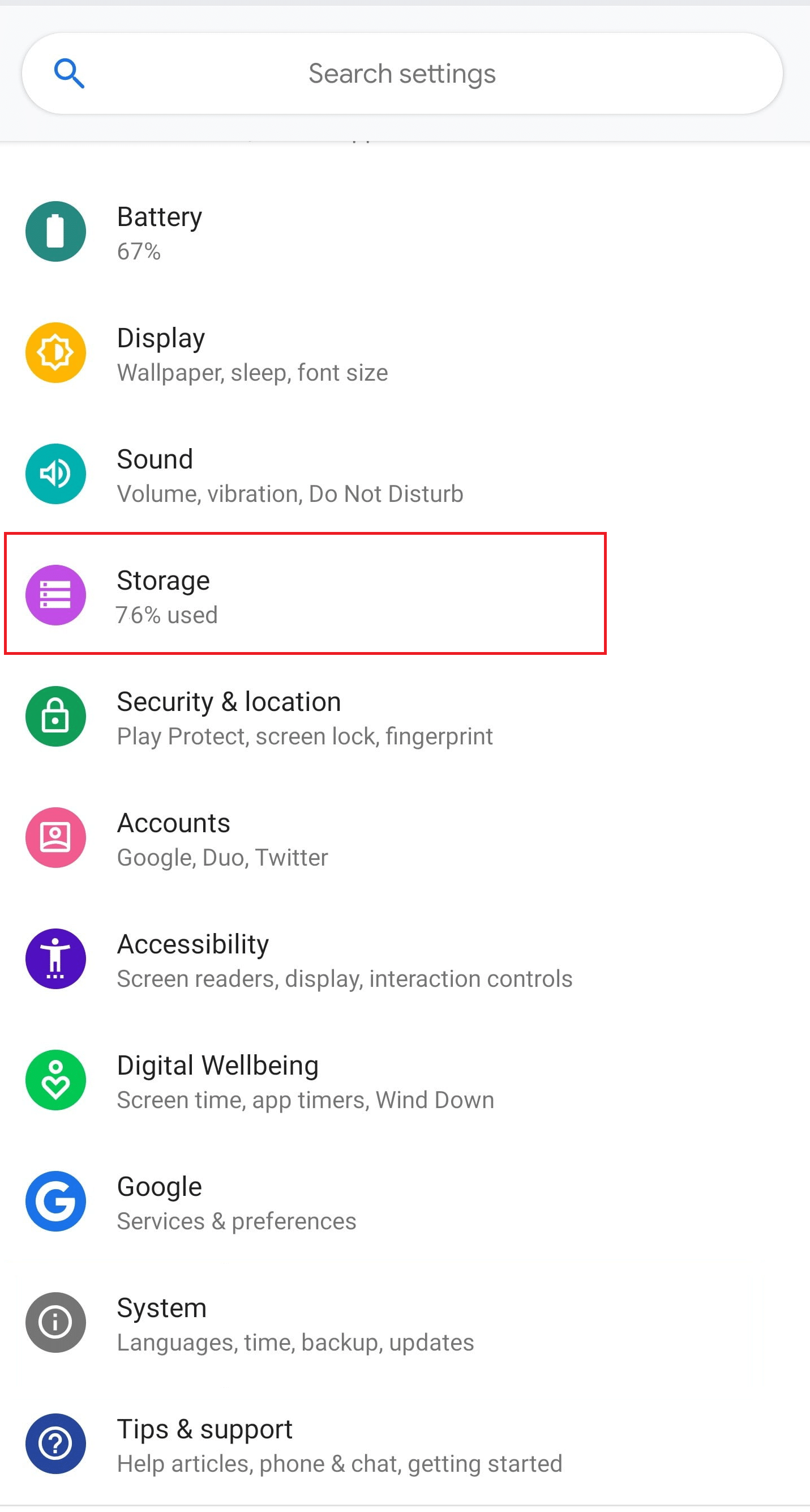 Google pixel settings storage