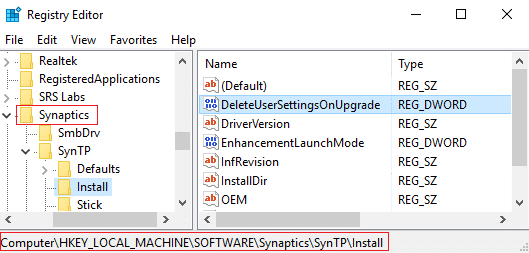Go to Synaptics and then find DeleteUserSettingsOnUpgrade Key