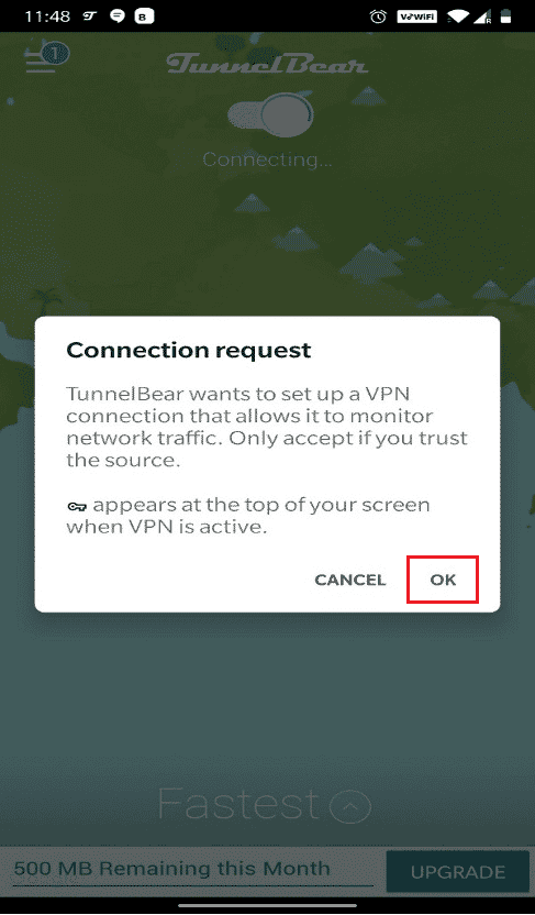 Grant permission for a Connection request to manage the network through a VPN connection by tapping on OK | | Fix Google Play Error Code 495 on Android