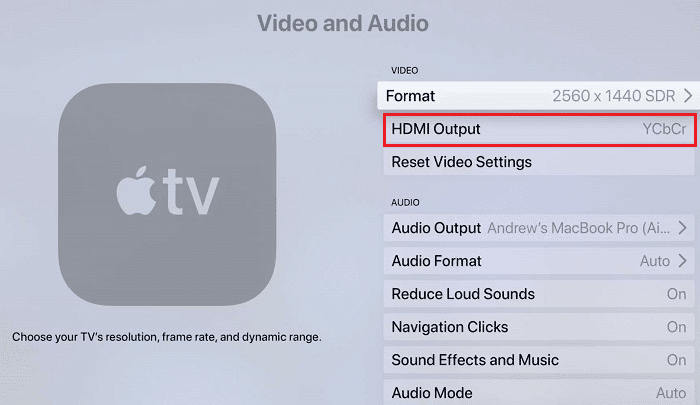 HDMI Output YCbCr Video and Audio Apple TV