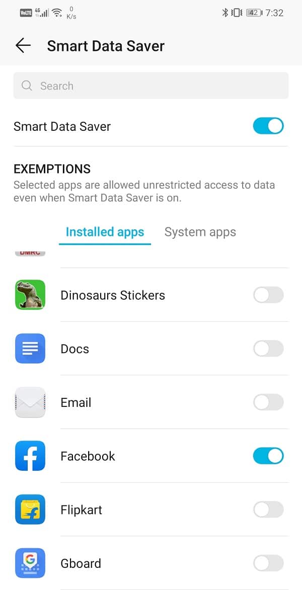 Head over to the Exemptions section and select Installed apps | Boost Internet Speed on Your Android Phone