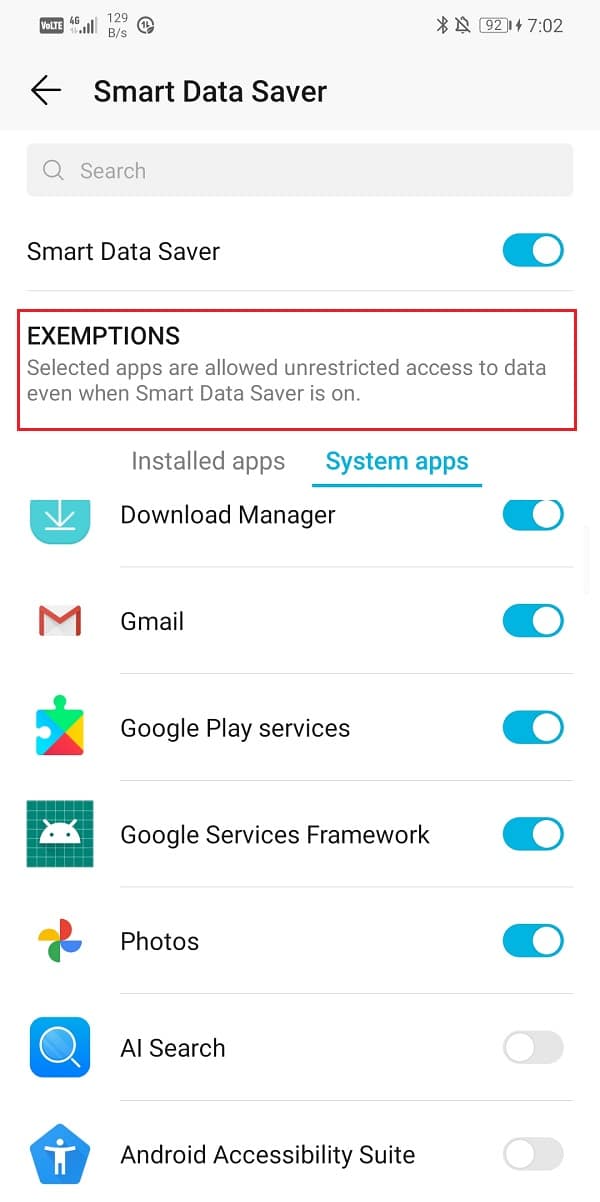 Head over to the Exemptions section and select System apps