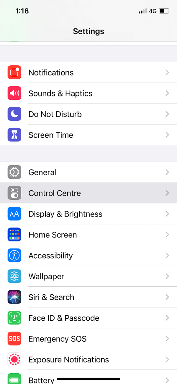Head over to the Settings on your iPhone then tap on the Control Centre