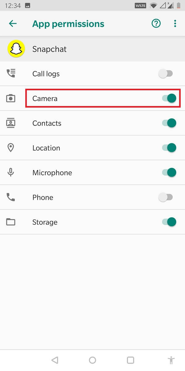 Here, enable the permission for camera access by tapping it. | How to Allow Camera Access on Snapchat