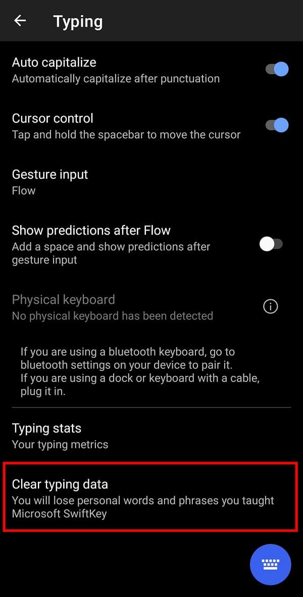Here, tap on the Clear typing data option. | How to Delete Keyboard History
