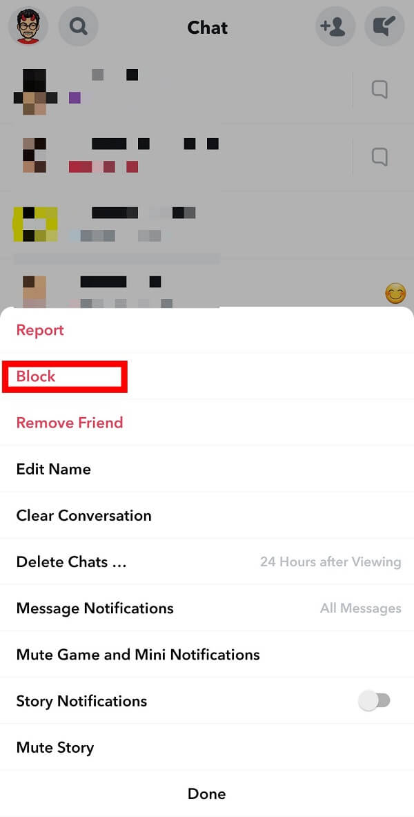 ที่นี่คุณจะต้องแตะที่บล็อก - วิธีกำจัดเพื่อนที่ดีที่สุดใน Snapchat