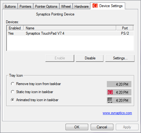 Highlight and select your Synaptics Touchpad and click Settings