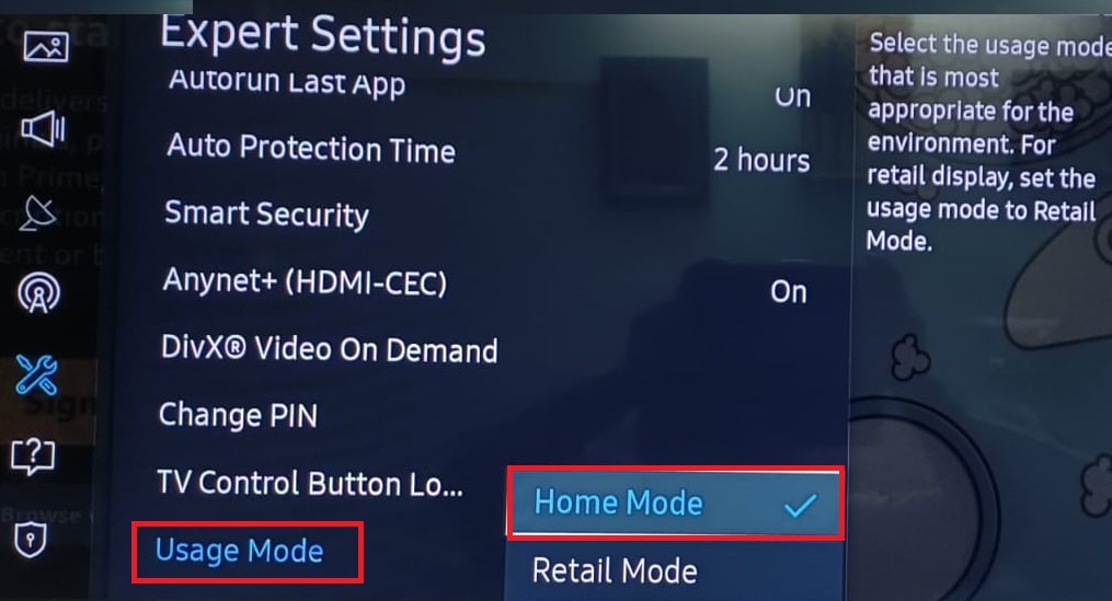 Home Mode Usage Mode Expert Settings