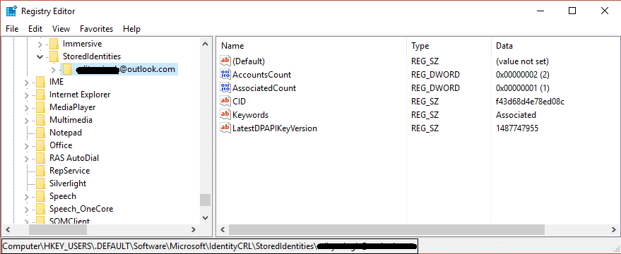 IdentityCRL storeidenties delete this registry key