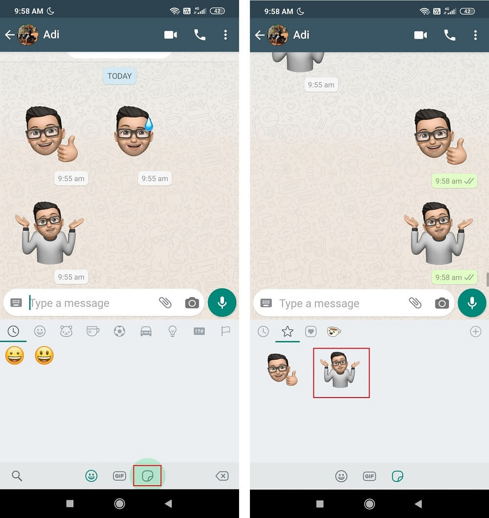 If you want to use the Memoji, simply go to your WhatsApp Stickers option and send them directly