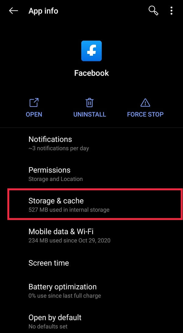 In Facebook’s App Info screen, tap on ‘Storage’