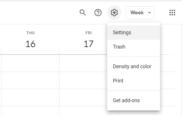 In Google Calendar click on Settings icon then select Settings