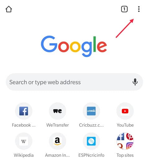 In the Chrome Browser, tap on the three vertical dots located on the top right