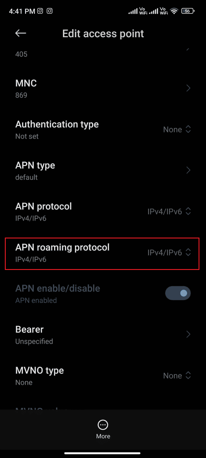 In the Edit access point menu, swipe down and tap on APN roaming protocol