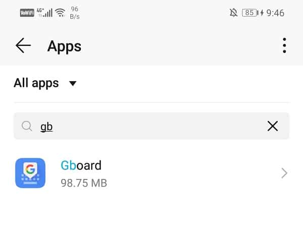 In the Manage Apps, locate Gboard