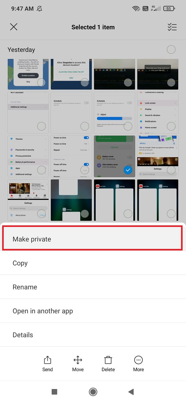 In the More option, you will find the Make Private or Hide button | Hide Files, Photos, and Videos on Android