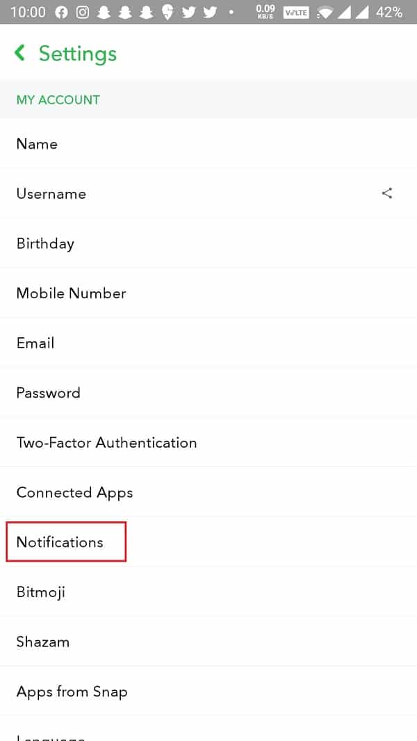 In the My Account section, find the Notifications option and tap on it | Fix: Snapchat Notifications Not Working [iOS & Android]