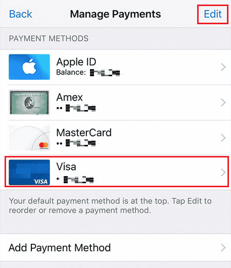 In the Manage Payments menu, locate the desired payment method from the list - tap on Edit