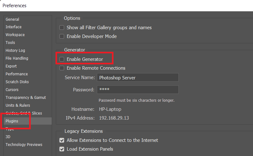 ในแท็บ Plugins ให้ยกเลิกการเลือกตัวเลือก Enable Generator ใต้ส่วน Generator | แก้ไข Photoshop ไม่สามารถดำเนินการตามคำขอของคุณได้