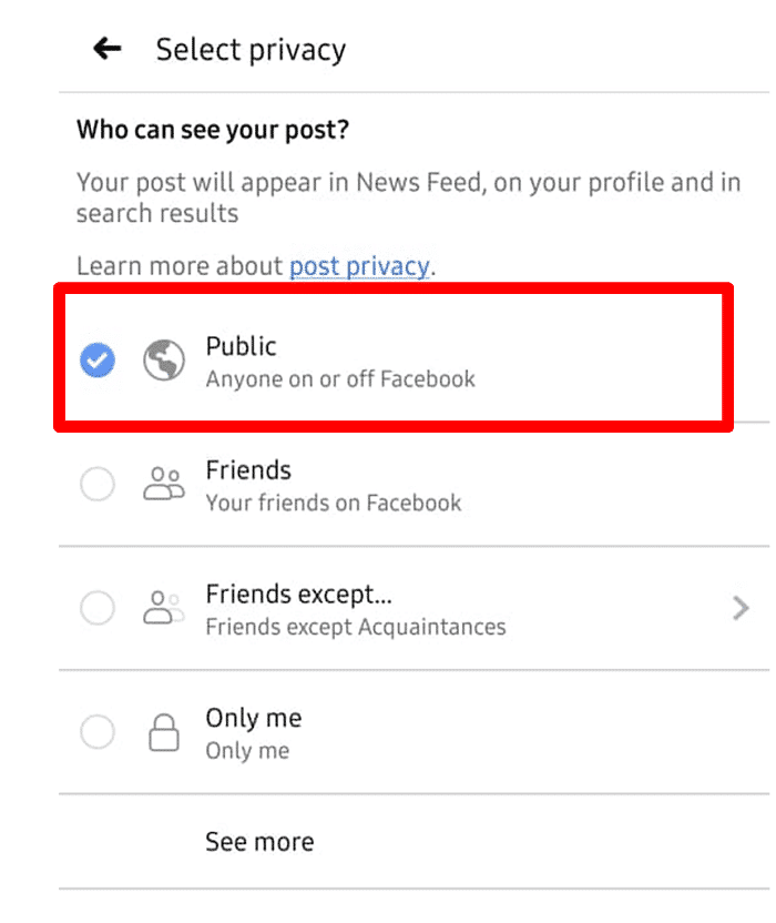 In the Select Privacy screen that opens up, change the setting to Public