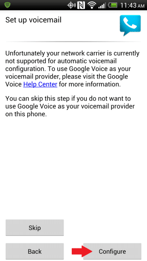 In the Setup Voicemail screen, tap on the Configure option