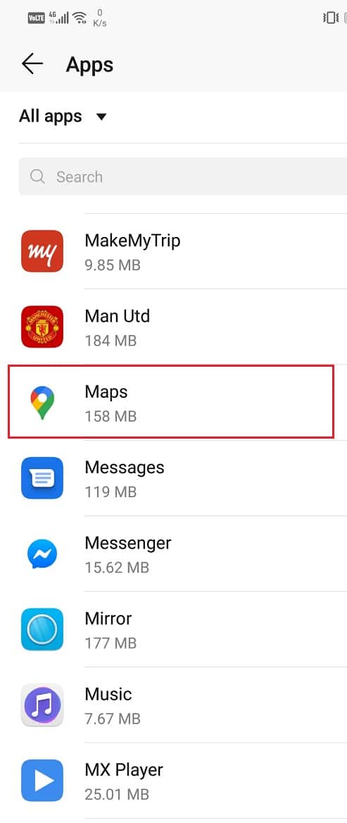 In the manage apps section, you will find the Google Maps icon
