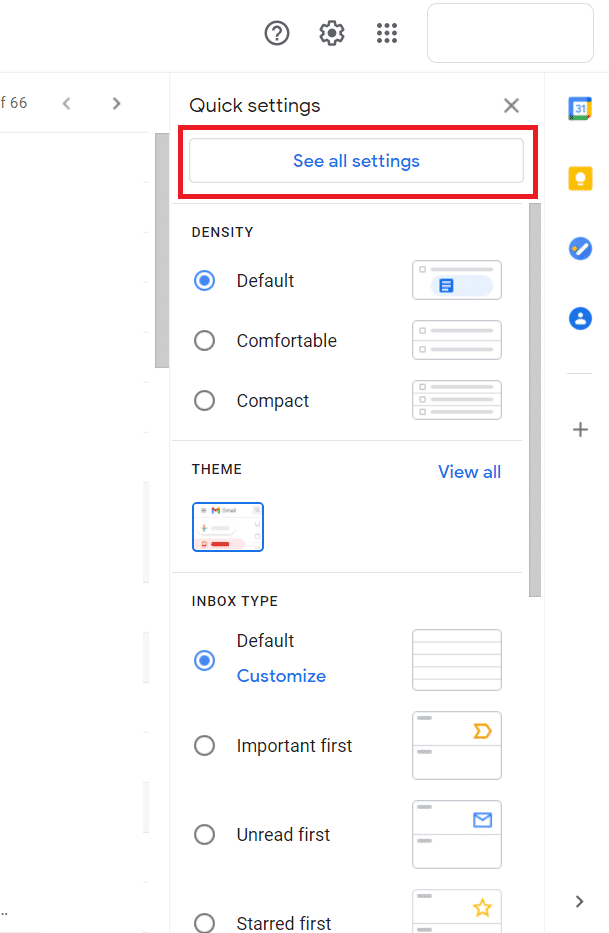 In the quick settings menu, click on the ‘See All Settings’ option.  | Fix Gmail Account not receiving Emails