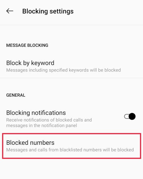 В подменю нажмите «Заблокированные номера», чтобы открыть список | Исправить проблему с отправкой или получением текста на Android