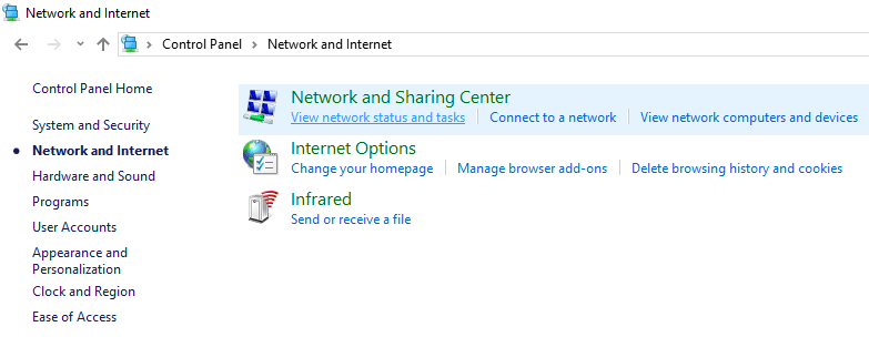 Inside Network and Internet, click on Network and Sharing Center