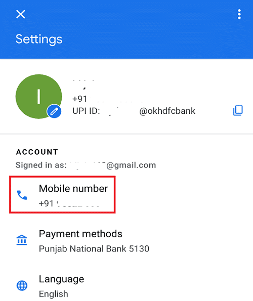 Inside Settings, under the Account section, you will see the added Mobile number