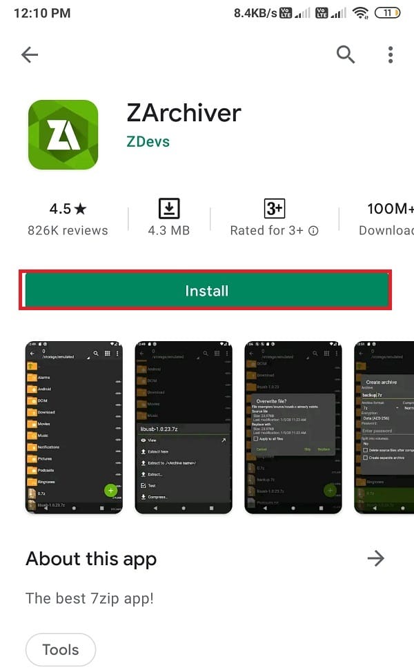 Install ZArchiver from Google play store and open it