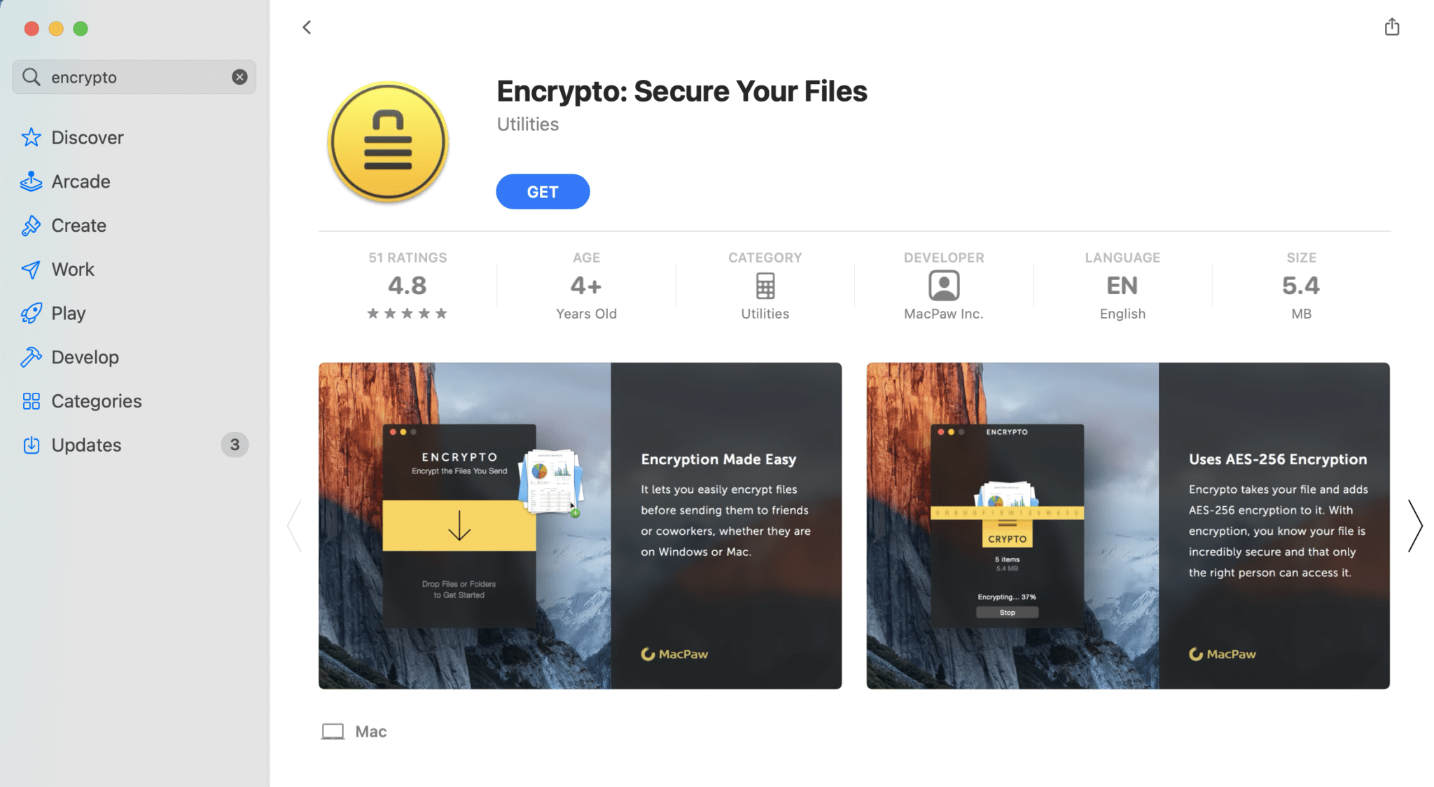 Installing the Encrypto application from the App Store. 