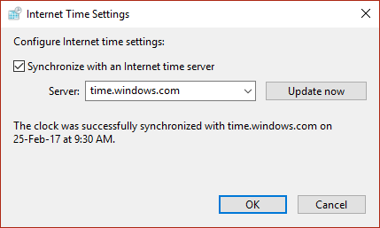 Internet Time Settings click synchronize and then update now