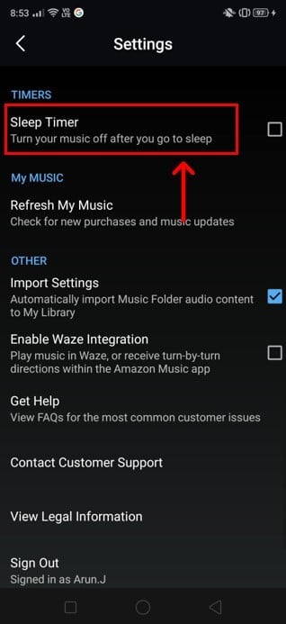 Keep scrolling till you reach the Sleep Timer option. | Automatically Turn Off Music On Android