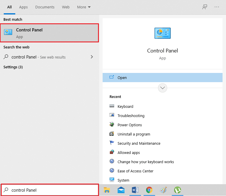 เปิดแผงควบคุมโดยใช้ตัวเลือกการค้นหาของ Windows