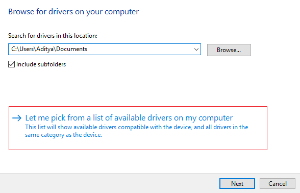 Let me pick from a list of available drivers on my computer. Ethernet doesn't have a valid IP configuration error